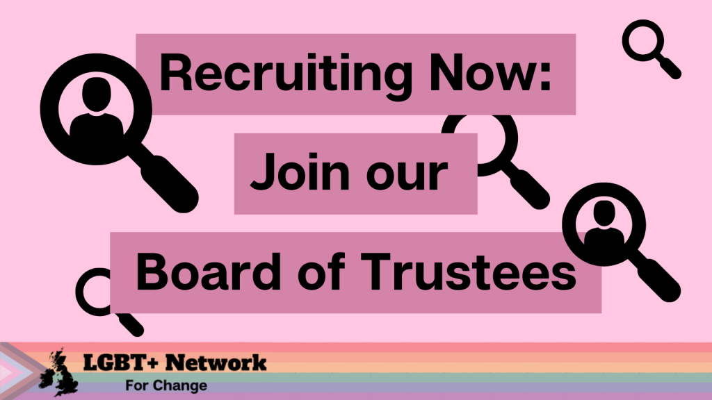 Pink graphic with magnifying glasses, some with people in in the background. Text reading: 'Recruiting now: join our board of trustees